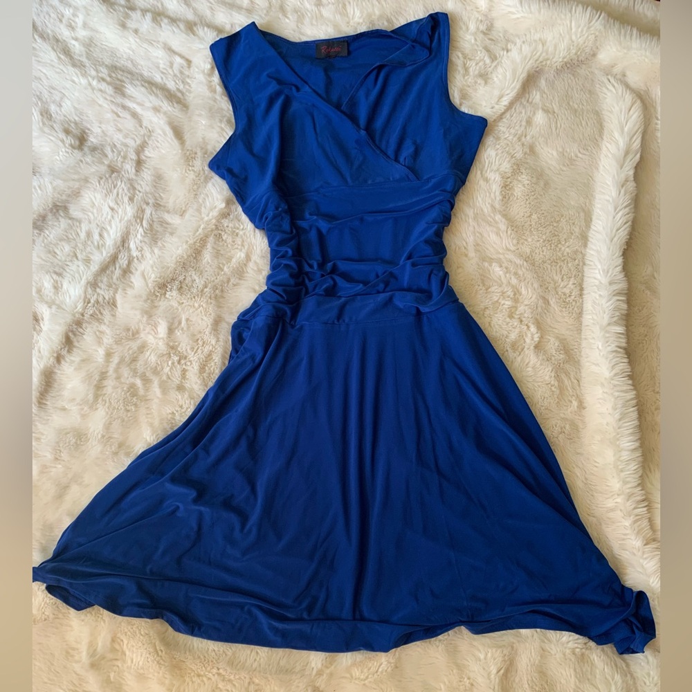 Cobalt Blue Fit and Flare Ruched-Waist Dress with V-Neck